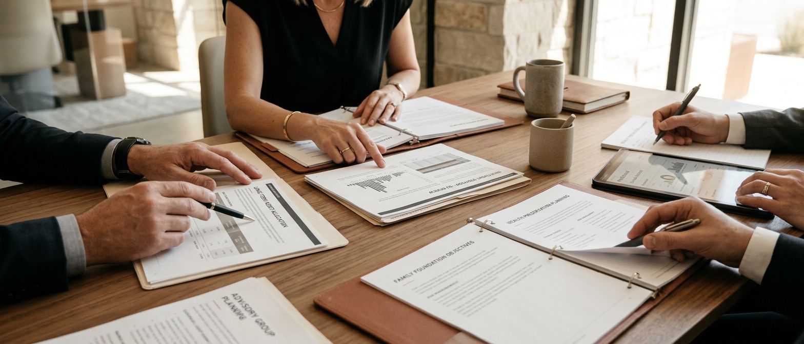 Réunion de travail autour d'une table, dossiers ouverts
